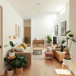 A cozy small, linear living room featuring minimalist furniture and decoration