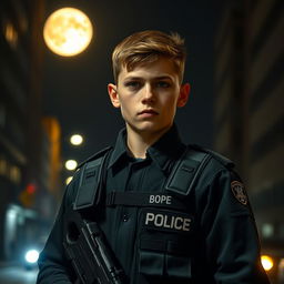 A young individual in a BOPE-inspired tactical uniform, set in a night-time urban environment under a full moon