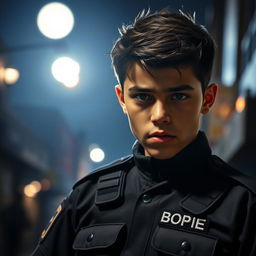 A young individual in a BOPE-inspired tactical uniform, set in a night-time urban environment under a full moon