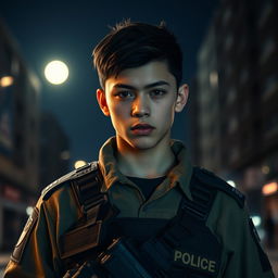 A young individual in a BOPE-inspired tactical uniform, set in a night-time urban environment under a full moon