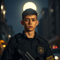 A young individual in a BOPE-inspired tactical uniform, set in a night-time urban environment under a full moon