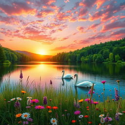 A beautiful landscape depicting a serene lake surrounded by lush green forests