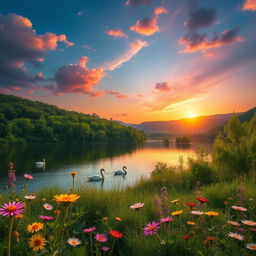 A beautiful landscape depicting a serene lake surrounded by lush green forests