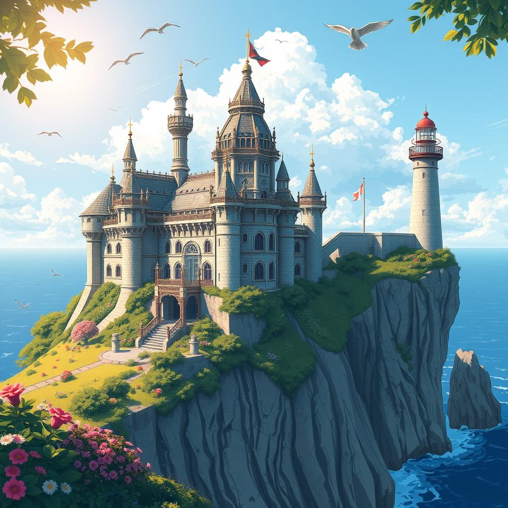 A stunning and detailed illustration of a small, extremely ornate and beautiful castle situated on the edge of a cliff