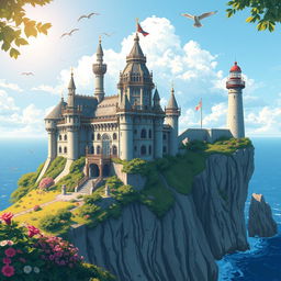 A stunning and detailed illustration of a small, extremely ornate and beautiful castle situated on the edge of a cliff