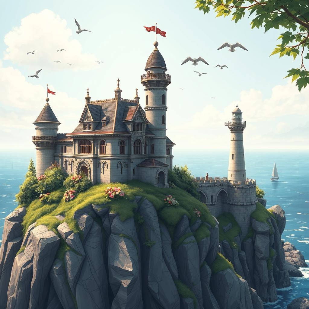 A stunning and detailed illustration of a small, extremely ornate and beautiful castle situated on the edge of a cliff