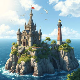 A stunning and detailed illustration of a small, extremely ornate and beautiful castle situated on the edge of a cliff