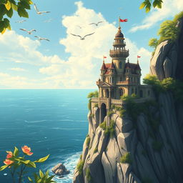 A stunning and detailed illustration of a small, extremely ornate and beautiful castle situated on the edge of a cliff