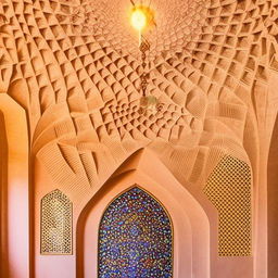 Interior design imbued with Yazd architecture, featuring prominent elements such as decorative plasterwork, intricate glass windows, Persian rugs, and a quaint central courtyard.