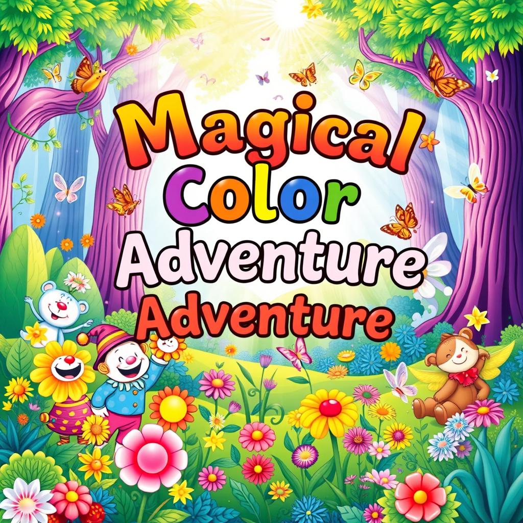 A vibrant and captivating front cover for a children's colouring book, featuring an array of whimsical characters such as friendly animals, cheerful clowns, and playful fairies