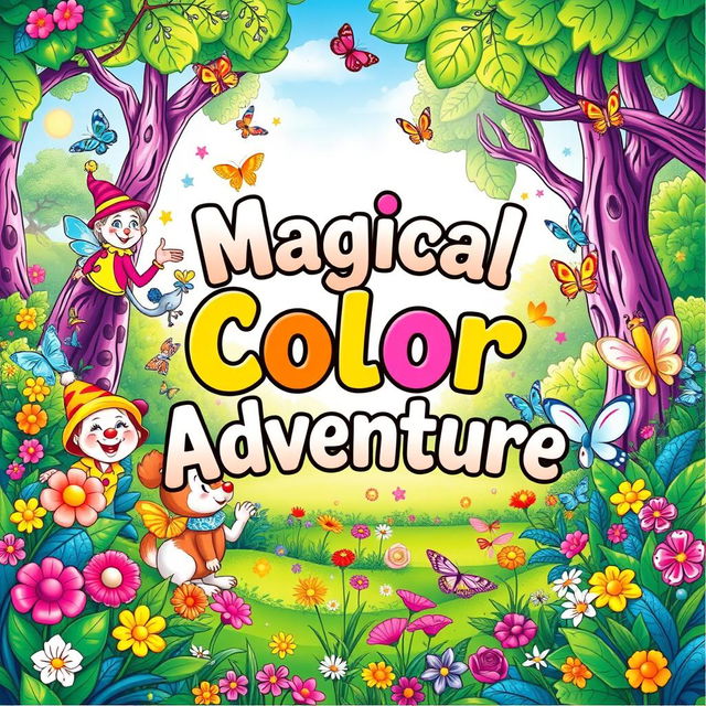 A vibrant and captivating front cover for a children's colouring book, featuring an array of whimsical characters such as friendly animals, cheerful clowns, and playful fairies