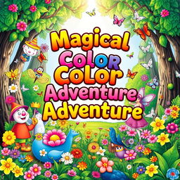 A vibrant and captivating front cover for a children's colouring book, featuring an array of whimsical characters such as friendly animals, cheerful clowns, and playful fairies