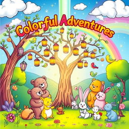 A vibrant and enchanting front cover for a children's colouring book, featuring a delightful scene with a cast of friendly animals such as smiling bears, playful rabbits, and colourful birds