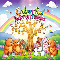 A vibrant and enchanting front cover for a children's colouring book, featuring a delightful scene with a cast of friendly animals such as smiling bears, playful rabbits, and colourful birds