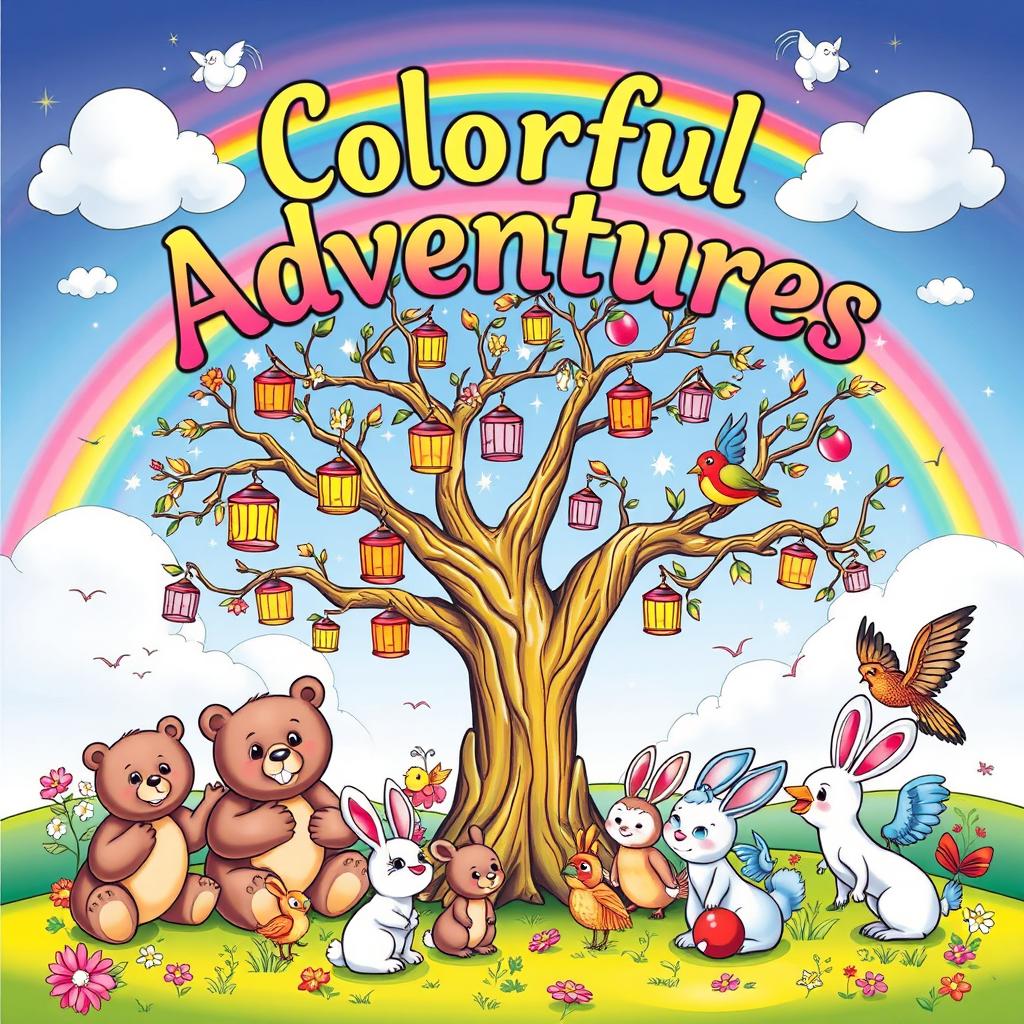 A vibrant and enchanting front cover for a children's colouring book, featuring a delightful scene with a cast of friendly animals such as smiling bears, playful rabbits, and colourful birds