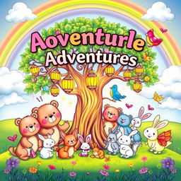 A vibrant and enchanting front cover for a children's colouring book, featuring a delightful scene with a cast of friendly animals such as smiling bears, playful rabbits, and colourful birds