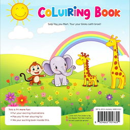 The back cover of a children's colouring book, featuring a whimsical and joyful theme