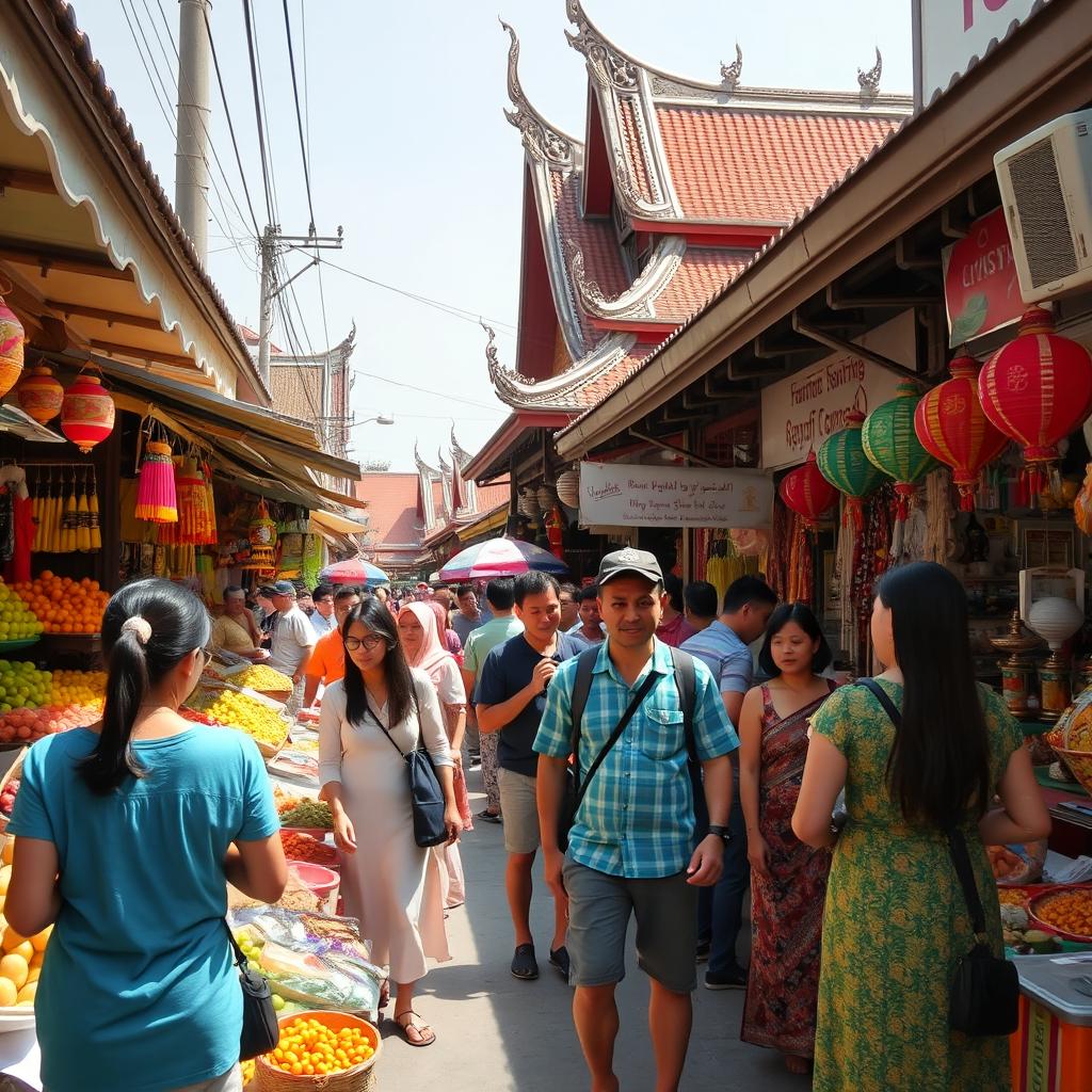 A lively street market scene in Southeast Asia, bustling with vibrant colors and energy