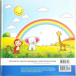 The back cover of a children's colouring book, featuring a whimsical and joyful theme