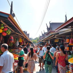 A lively street market scene in Southeast Asia, bustling with vibrant colors and energy