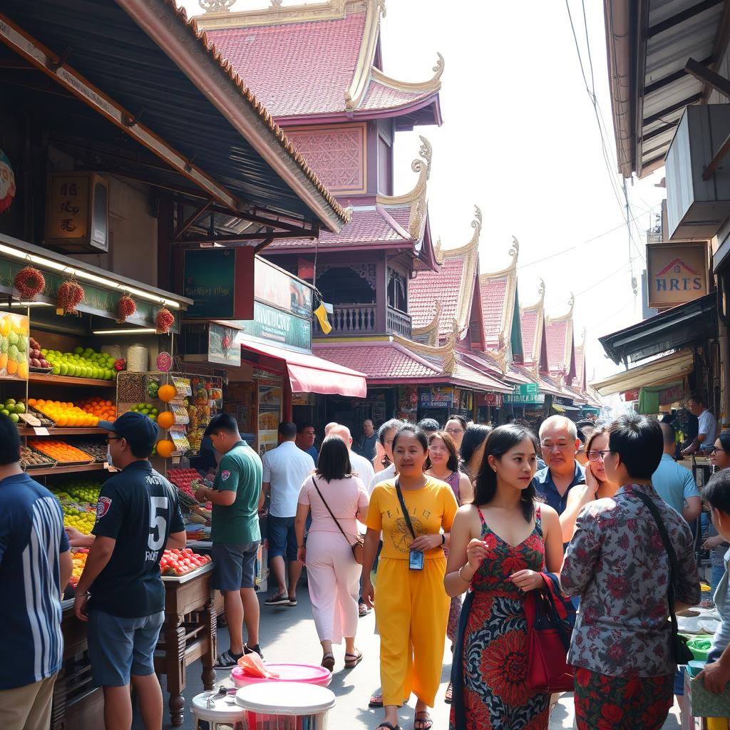 A lively street market scene in Southeast Asia, bustling with vibrant colors and energy