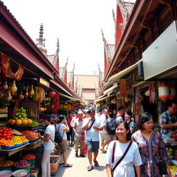 A lively street market scene in Southeast Asia, bustling with vibrant colors and energy