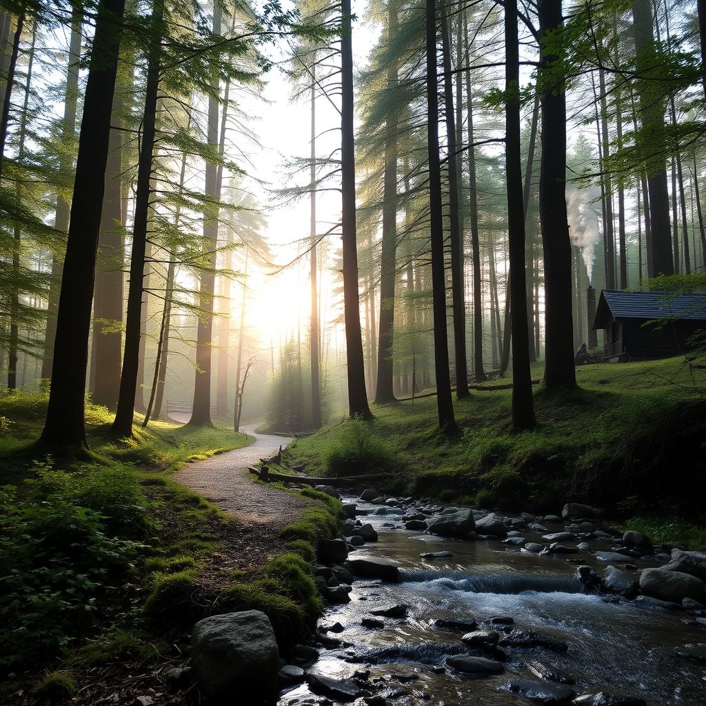 A peaceful forest scene at sunrise, with soft light filtering through tall trees