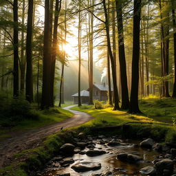 A peaceful forest scene at sunrise, with soft light filtering through tall trees