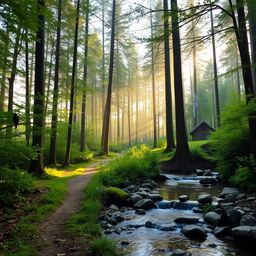 A peaceful forest scene at sunrise, with soft light filtering through tall trees