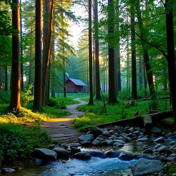 A peaceful forest scene at sunrise, with soft light filtering through tall trees