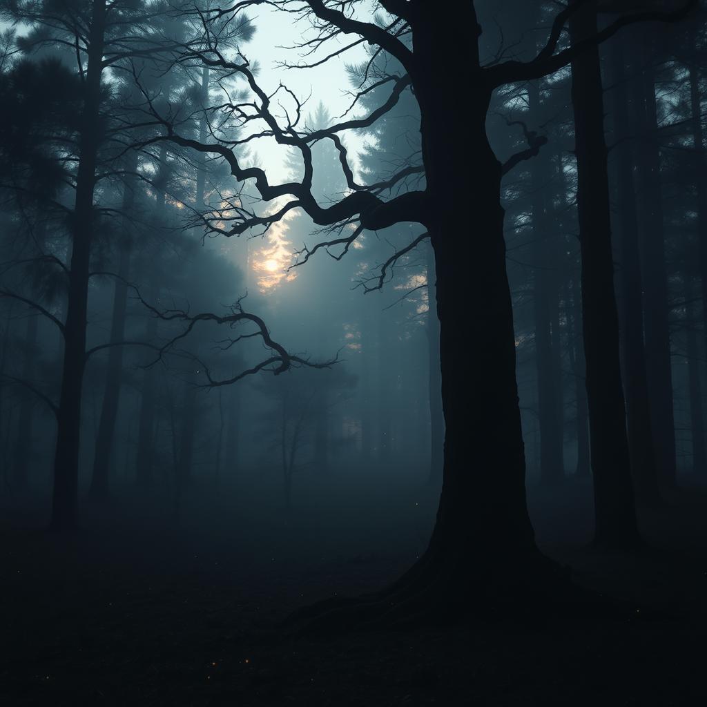 A mysterious forest scene at dusk, where the last light of the setting sun casts long shadows between the trees