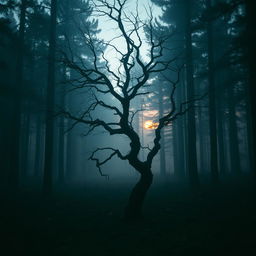 A mysterious forest scene at dusk, where the last light of the setting sun casts long shadows between the trees