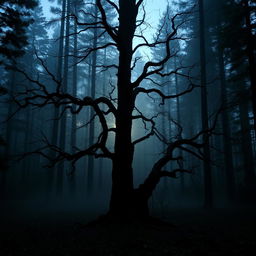 A mysterious forest scene at dusk, where the last light of the setting sun casts long shadows between the trees