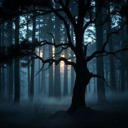 A mysterious forest scene at dusk, where the last light of the setting sun casts long shadows between the trees