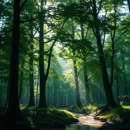 A tranquil forest scene with tall, lush green trees