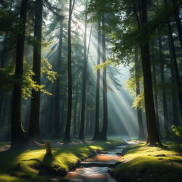 A tranquil forest scene with tall, lush green trees