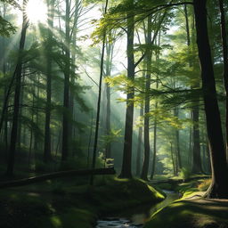 A tranquil forest scene with tall, lush green trees