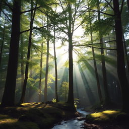 A tranquil forest scene with tall, lush green trees