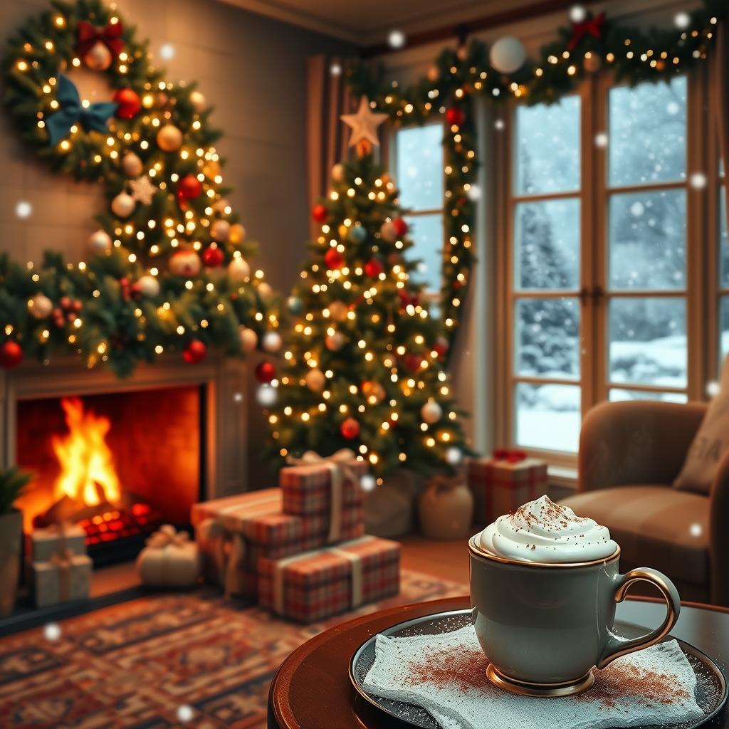 A serene Christmas scene with a beautifully decorated tree, twinkling lights, and a cozy living room ambiance