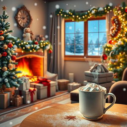 A serene Christmas scene with a beautifully decorated tree, twinkling lights, and a cozy living room ambiance