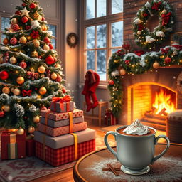 A serene Christmas scene with a beautifully decorated tree, twinkling lights, and a cozy living room ambiance