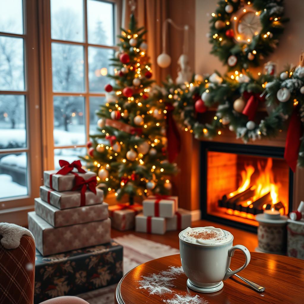 A serene Christmas scene with a beautifully decorated tree, twinkling lights, and a cozy living room ambiance