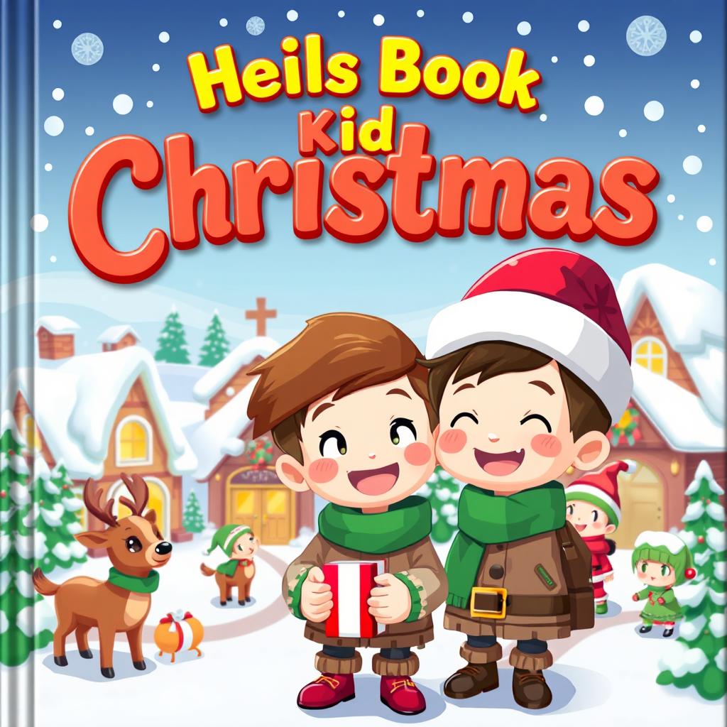 A whimsical and colorful 3D pixel art style book cover designed for kids, featuring an anime-inspired Christmas scene