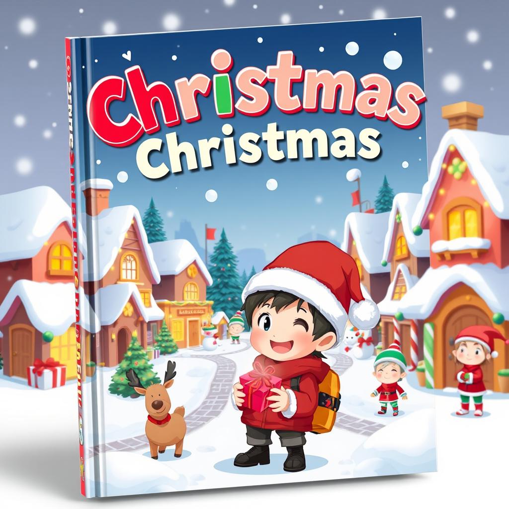 A whimsical and colorful 3D pixel art style book cover designed for kids, featuring an anime-inspired Christmas scene