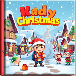 A whimsical and colorful 3D pixel art style book cover designed for kids, featuring an anime-inspired Christmas scene