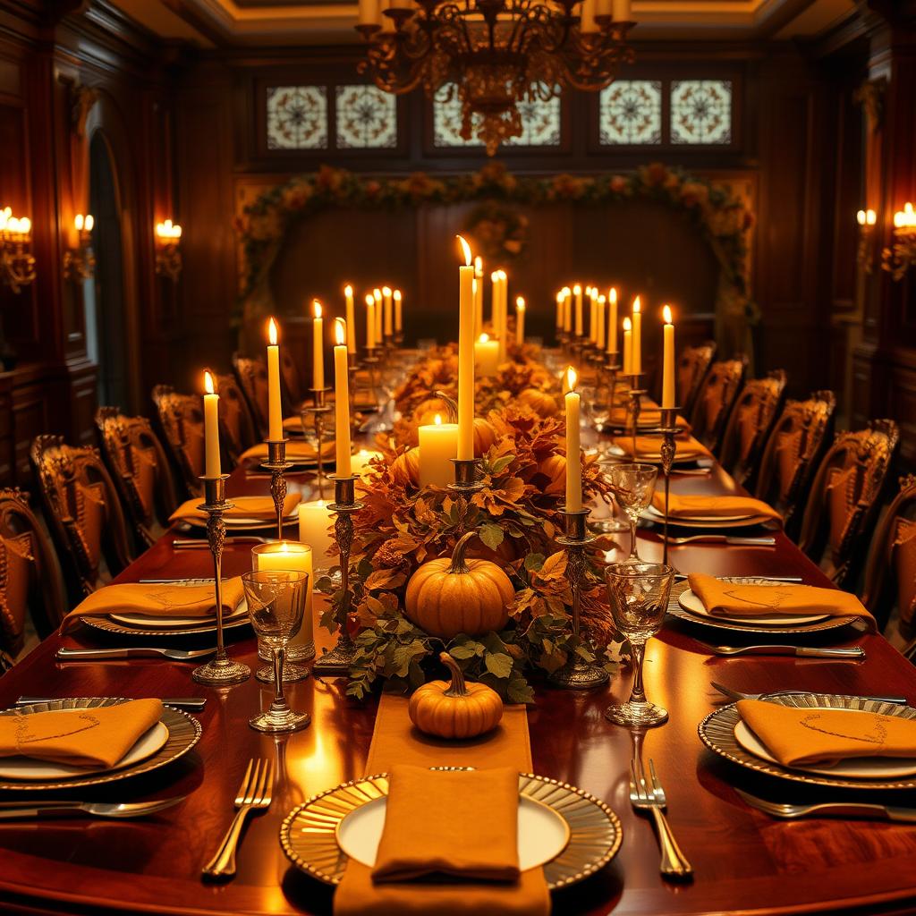 A grand dinner table setting featuring autumn-themed decorations, rich mahogany table with elegant cutlery, warm golden candlelight casting a gentle glow, pumpkins and fall foliage as centerpieces