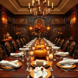 A grand dinner table setting featuring autumn-themed decorations, rich mahogany table with elegant cutlery, warm golden candlelight casting a gentle glow, pumpkins and fall foliage as centerpieces