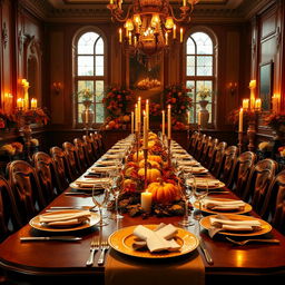 A grand dinner table setting featuring autumn-themed decorations, rich mahogany table with elegant cutlery, warm golden candlelight casting a gentle glow, pumpkins and fall foliage as centerpieces