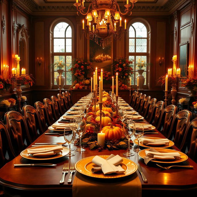 A grand dinner table setting featuring autumn-themed decorations, rich mahogany table with elegant cutlery, warm golden candlelight casting a gentle glow, pumpkins and fall foliage as centerpieces