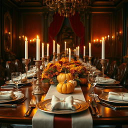 A grand dinner table setting featuring autumn-themed decorations, rich mahogany table with elegant cutlery, warm golden candlelight casting a gentle glow, pumpkins and fall foliage as centerpieces